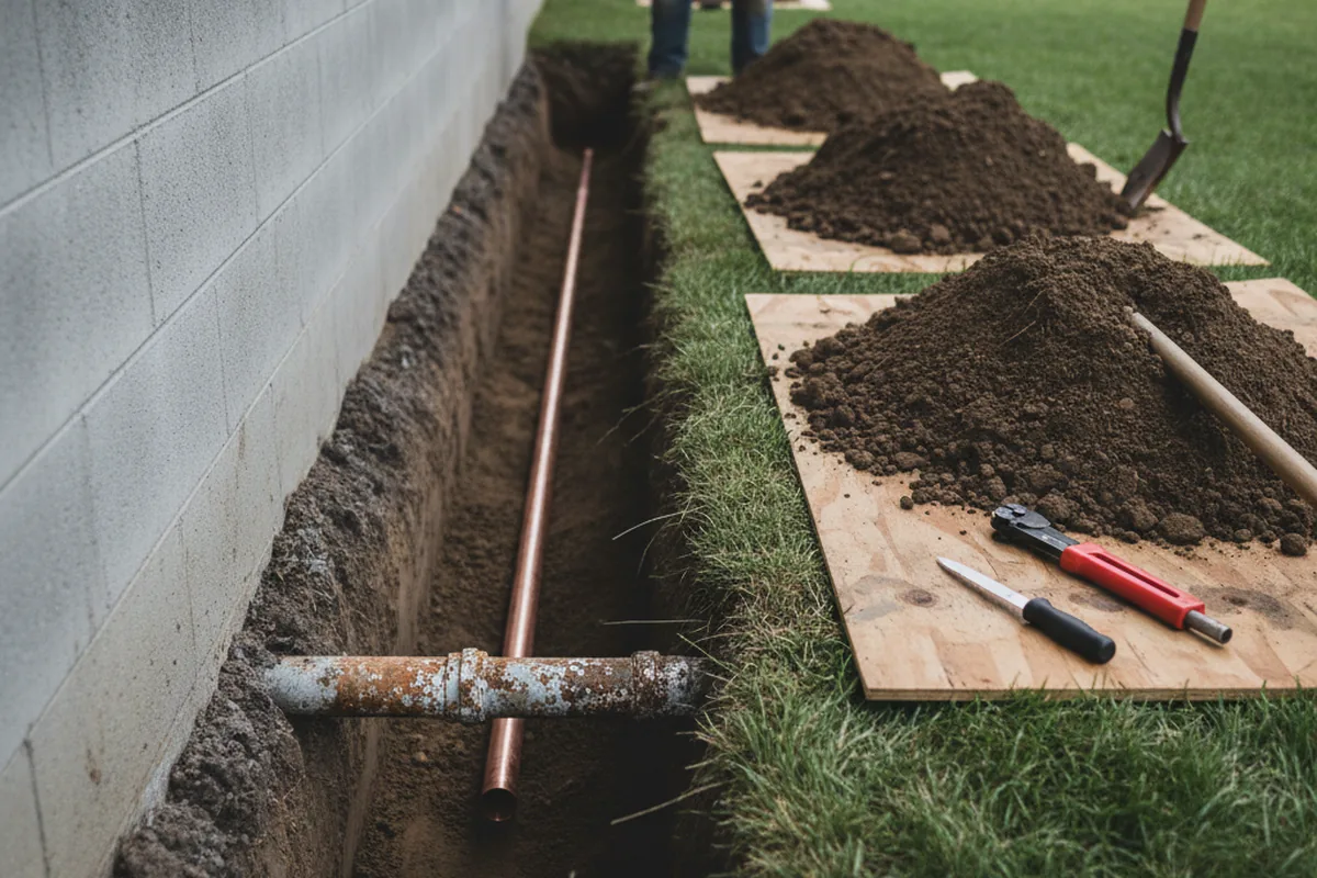 Excavated water line trench during Sewer Line Repair in Ledyard